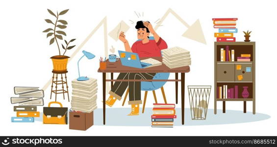 Distressed young man sitting at desk with laptop, overloaded with extra work, nervous about deadline. Flat vector illustration of male employee frustrated with lots of paperwork. Stressful job burnout. Distressed young man sitting at desk with laptop