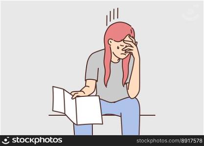 Distressed young woman cry reading bad news in letter. Unhappy female depressed with negative message or dismissal notice. Vector illustration. . Unhappy woman cry read bad news in letter 