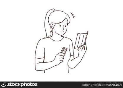 Distressed young woman read medicine prescription doubt about healthcare. Unhappy pensive girl think about drugs or medication taking. Vector illustration. . Distressed woman read tablet prescription 