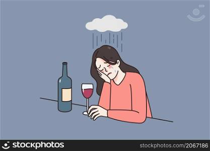 Distressed young woman suffer from depression drink wine have alcohol problems. Unhappy sad female alcoholic addict crying struggle with mental disorder need help. Flat vector illustration. . Stressed woman with alcohol addiction feel depressed