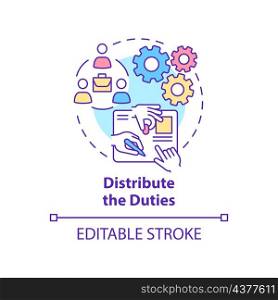 Distribute duties concept icon. Way to improve productive teamwork abstract idea thin line illustration. Isolated outline drawing. Editable stroke. Roboto-Medium, Myriad Pro-Bold fonts used. Distribute duties concept icon