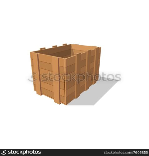 Distribution and shipping container with shadow isolated. Vector wooden box, transportation pack or box. Empty wooden box, transportation container mockup