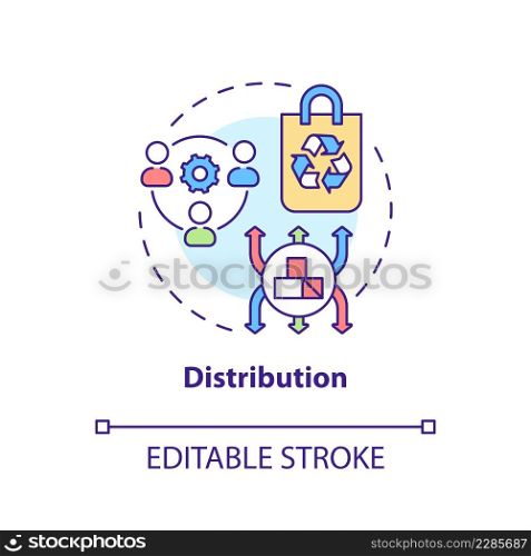 Distribution concept icon. Step to circular economy abstract idea thin line illustration. Eco-friendly items delivery. Isolated outline drawing. Editable stroke. Arial, Myriad Pro-Bold fonts used. Distribution concept icon