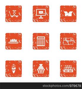 Distribution icons set. Grunge set of 9 distribution vector icons for web isolated on white background. Distribution icons set, grunge style