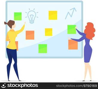 Distribution of duties, teamwork with planning tasks, goals, training for colleagues concept. Women add stickers to daily quest board. Employees make work plan, create list of working tasks. Women add stickers to daily quest board. Employees make work plan, create list of working tasks