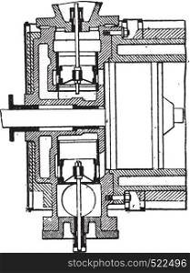 Distribution pistons-valves, Van den Kerchove system, vintage engraved illustration. Industrial encyclopedia E.-O. Lami - 1875.
