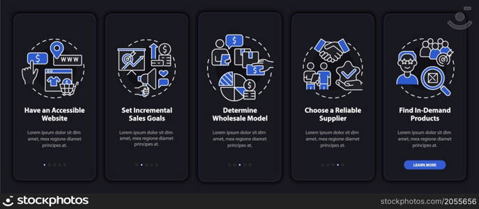 Distribution startup tips onboarding mobile app page screen. Wholesale trade walkthrough 5 steps graphic instructions with concepts. UI, UX, GUI vector template with linear night mode illustrations. Distribution startup tips onboarding mobile app page screen