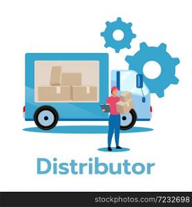 Distributor flat vector illustration. Producer, service provider. Business model. Strategic planning. Distribution of products and services. Delivery truck. Isolated cartoon character on white. Distributor flat vector illustration