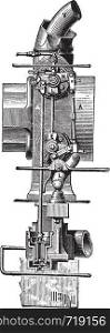 Distributors mechanism controlling the intake and exhaust of Corliss machine, vintage engraved illustration. Industrial encyclopedia E.-O. Lami - 1875.