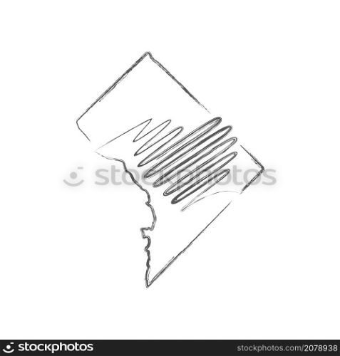 District of Columbia hand drawn pencil sketch outline map with heart shape. Continuous line drawing of patriotic home sign. A love for a small homeland. T-shirt print idea. Vector illustration.. District of Columbia hand drawn pencil sketch outline map with the handwritten heart shape. Vector illustration