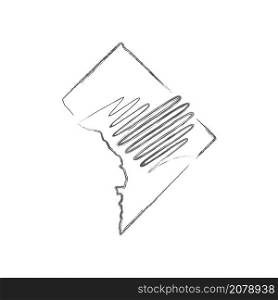 District of Columbia hand drawn pencil sketch outline map with heart shape. Continuous line drawing of patriotic home sign. A love for a small homeland. T-shirt print idea. Vector illustration.. District of Columbia hand drawn pencil sketch outline map with the handwritten heart shape. Vector illustration