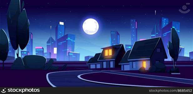 District with suburban houses and city skyline at night. Summer landscape of suburb, village street with cottages, skyscrapers on horizon and full moon in sky, vector cartoon illustration. District with suburban houses and city skyline