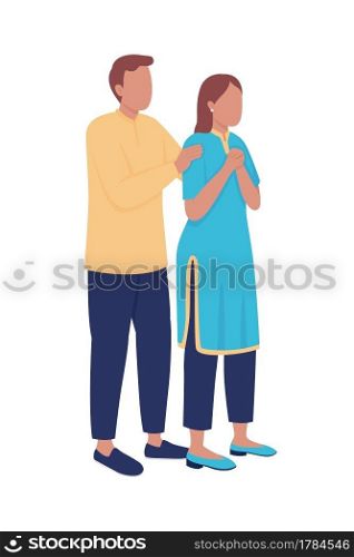 Disturbed husband and wife semi flat color vector characters. Standing figures. Full body people on white. Sideways hug isolated modern cartoon style illustration for graphic design and animation. Disturbed husband and wife semi flat color vector characters