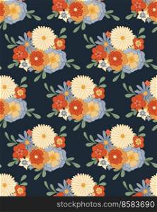 Ditsy hippie texture with bouquet groovy flowers with stems in row on dark blue background. Vector seamless retro pattern with bunch of flowers. Floral backdrop for fabrics and wallpapers.. Ditsy hippie texture with bouquet groovy flowers with stems in row on dark blue background. Vector seamless retro pattern