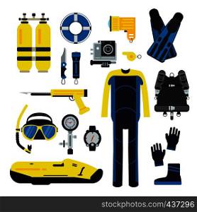 Diver and set elements for underwater sport. Illustrations of diving in flat style. Underwater equipment scuba and mask, snorkeling and tube. Diver and set elements for underwater sport. Illustrations of diving in flat style