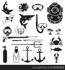 Diver design elements. Diver weapon, diver helmet, equipment for diving. Design element for poster, flyer, emblem, logo, sign. Vector illustration.