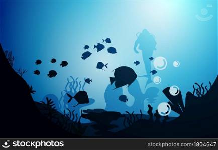 Diver Diving Wildlife Fish Sea Animals Underwater Aquatic Illustration