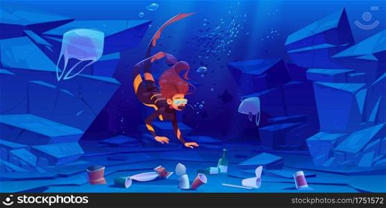 Diver girl in ocean with plastic garbage on bottom. Sea water with different kinds of garbage. Wastes floating in water. Ecology protection, underwater pollution concept, Cartoon vector illustration. Diver girl in ocean with plastic garbage on bottom