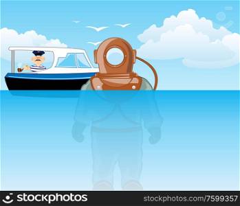 Diver in heavy send in water and ship with captain. Vector illustration of the cartoon diver in water