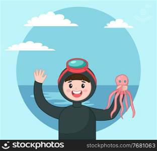 Diver isolated icon portrait of diver in diving mask holding octopus at background of sea and sky, underwater summer activity, diving tourism, man going to dive, snorkeling leisure or hobby concept. Diver isolated icon portrait of diver in diving mask holding octopus at background of sea and sky