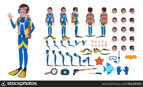 Diver Man Vector. Animated Character Creation Set. Under Water. Scuba Diver. Snorkeling Diving. Full Length, Front, Side, Back View, Poses, Face Emotions, Gestures. Isolated Flat Cartoon Illustration. Diver Man Vector. Animated Character Creation Set. Under Water. Scuba Diver. Snorkeling Diving. Full Length, Front, Side, Back View, Poses Face Emotions Gestures Illustration