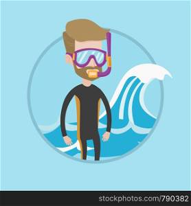 Diver standing in diving suit, flippers, mask and tube. Young caucasian diver enjoying snorkeling. Diver ready for snorkeling. Vector flat design illustration in the circle isolated on background.. Young scuba diver vector illustration.