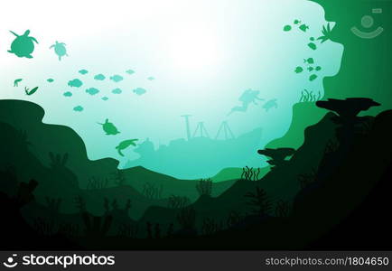 Diver Sunken Ship Wildlife Sea Animals Underwater Aquatic Illustration