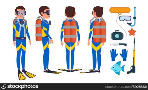 Diver Vector. Underwater. Diving At The Bottom Of The Sea. Flat Cartoon Illustration. Scuba Diver Vector. Snorkeling Diving. Underwater. Isolated Flat Cartoon Character Illustration