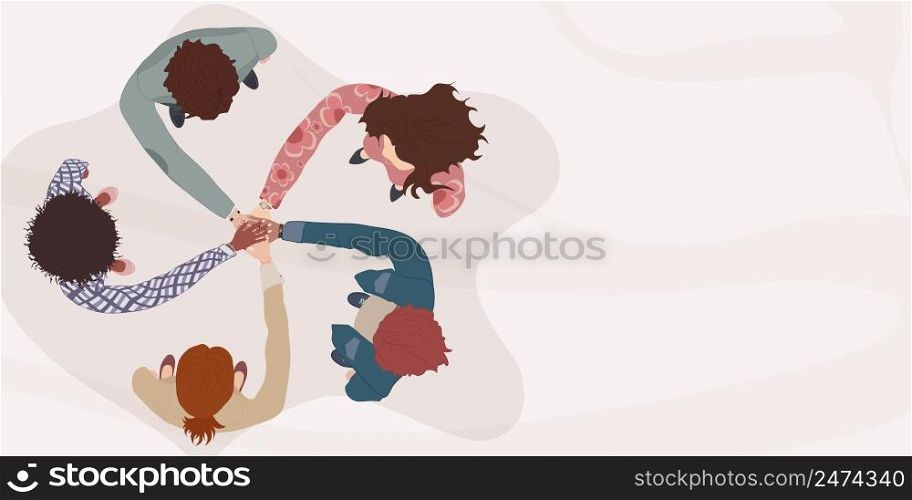 Diverse and multicultural people in a circle with hands on top of each other. Top view. Diversity people. Racial equality. Concept of teamwork community and cooperation.Diverse culture