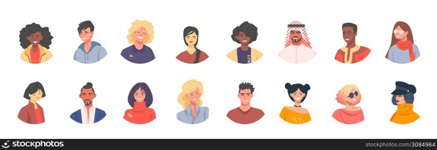 Diverse avatars. Multicultural men and women characters social icons, crowd of diverse peoples. Vector flat different illustration group of happy young and old persons. Diverse avatars. Multicultural men and women characters social icons, crowd of diverse peoples. Vector group of happy young and old persons
