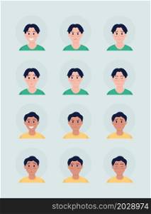 Diverse boys facial expressions semi flat color vector character avatar set. Portrait from front view. Isolated modern cartoon style illustration for graphic design and animation pack. Diverse boys facial expressions semi flat color vector character avatar set