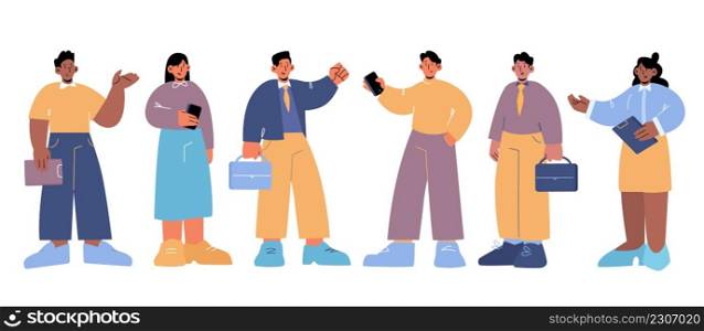 Diverse business people, multiracial, multicultural group of characters, men and women of different skin color and gender, stand in row with gadgets. Young businesspeople Line art vector illustration. Diverse business people, multiracial group row