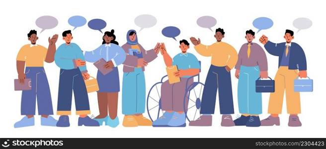 Diverse business people multiracial team communicate with speech bubbles. Characters group of different gender and nationality, healthy and disabled men and women chatting Line art vector illustration. Diverse business people multiracial team speak