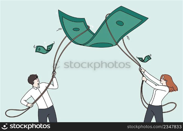 Diverse businesspeople catch dollar banknote with rope strive for business success together. Employees or workers involved in teamwork for money achievement. Finance success. Vector illustration. . Businesspeople catch dollar banknote with ropes