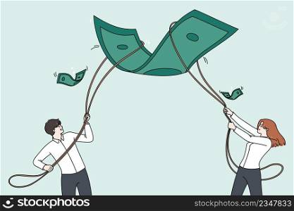 Diverse businesspeople catch dollar banknote with rope strive for business success together. Employees or workers involved in teamwork for money achievement. Finance success. Vector illustration. . Businesspeople catch dollar banknote with ropes