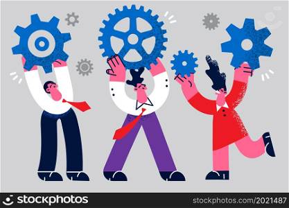 Diverse businesspeople hold cogs engaged in teambuilding at workplace motivated for shared result. Employees work for mutual company success. Collaboration and teamwork. Vector illustration. . Diverse employees work together for shared company success