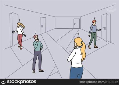 Diverse businesspeople in room open different doors looking for exit. People feel confused searching way out in locked space. Vector illustration. . People look for way out in room