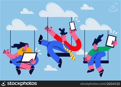 Diverse businesspeople on swing with gadgets work distant on cloud computing for company. Employees or colleagues engaged in remote online job on devices. Technology concept. Vector illustration. . Diverse employees work on gadgets with cloud computing