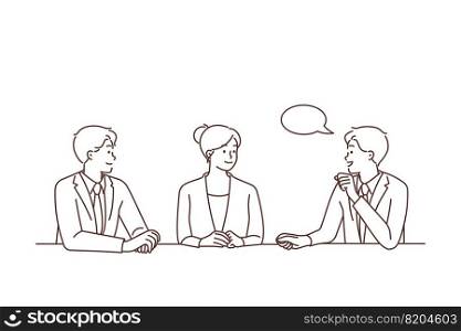 Diverse businesspeople sit at desk in office brainstorm discuss business ideas together. Smiling employees or colleagues talk at meeting at workplace. Vector illustration. . Businesspeople talk at meeting in office 