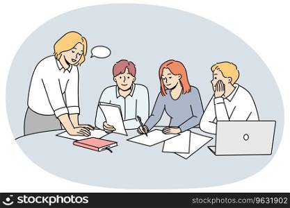 Diverse businesspeople sit at desk in office discuss paperwork at meeting together. Employees brainstorm engaged in teamwork at workplace. Vector illustration.. Businesspeople discuss paperwork at meeting