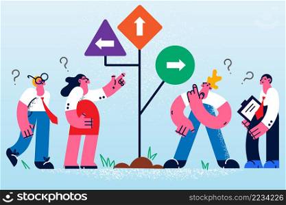 Diverse businesspeople stand near road sign with diverse direction marks think of problem solution. Employees or colleagues brainstorm solve business issue together. Vector illustration. . Businesspeople near road sign with different directions