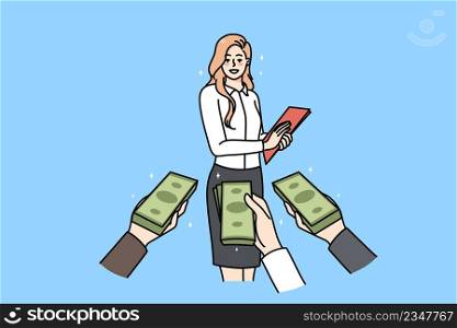 Diverse businesspeople with money in hands offer funding to successful businesswoman. Female employee receive finances from investors or bankers. Economy and budget. Vector illustration. . Successful businesswoman receive money from clients 