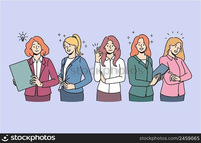 Diverse businesswomen in formalwear feel confident and successful at workplace. Female business group or team show leadership and unity. Feminism and employment. Vector illustration. . Businesswomen in formalwear show confidence and success