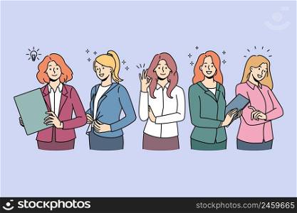 Diverse businesswomen in formalwear feel confident and successful at workplace. Female business group or team show leadership and unity. Feminism and employment. Vector illustration. . Businesswomen in formalwear show confidence and success