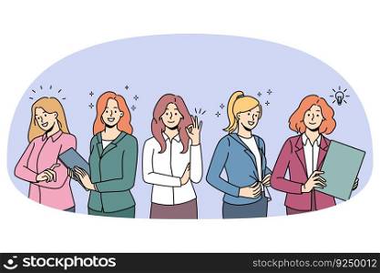 Diverse businesswomen in formalwear feel confident and successful at workplace. Female business group or team show leadership and unity. Feminism and employment. Vector illustration.. Businesswomen in formalwear show confidence and success