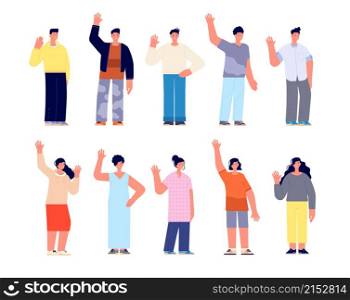 Diverse casual characters. People community, happy young women group. Cartoon student hello hand gesture, friendly boys girls utter vector set. People young wave hand hello, characters different. Diverse casual characters. People community, happy young women group. Cartoon student hello hand gesture, friendly boys girls utter vector set