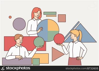 Diverse colleagues with geometric figures engaged in teambuilding in office. Businesspeople cooperate at workplace. Teamwork and collaboration. Vector illustration. . Employees cooperate using geometric figures 