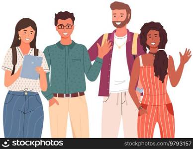Diverse college, university students standing in line. Group of young people, multicultural men and women. Multinational couples, students of educational institution, university with books and laptops. Diverse college, university students standing in line. Multicultural men and women studying