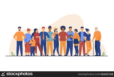 Diverse crowd of people of different ages and races. Multiracial community members standing together. Vector illustration for civil society, diversity, multinational public concept