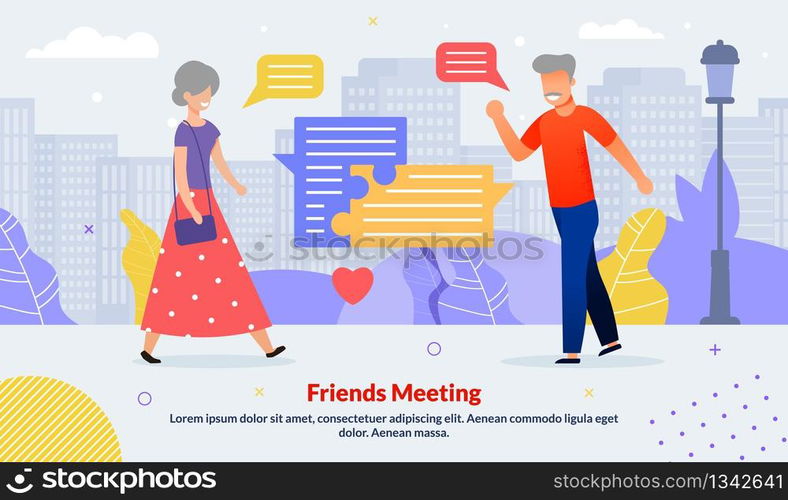 Diverse Elderly Friends Meeting Outdoors Flat Poster. Friendly Smiling Senior Man and Woman Grandparents Greeting. Friendship. Positive Outlook. Secure Social Environment. Vector Cartoon Illustration. Diverse Elderly Friends Meeting Outdoors Poster